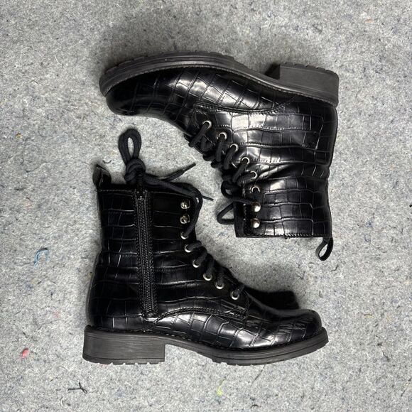VINTAGE Steve Madden Bobbi Leather Vegan Combat Boot Black Croc 90s Y2K 7.5 RARE - Picture 4 of 10